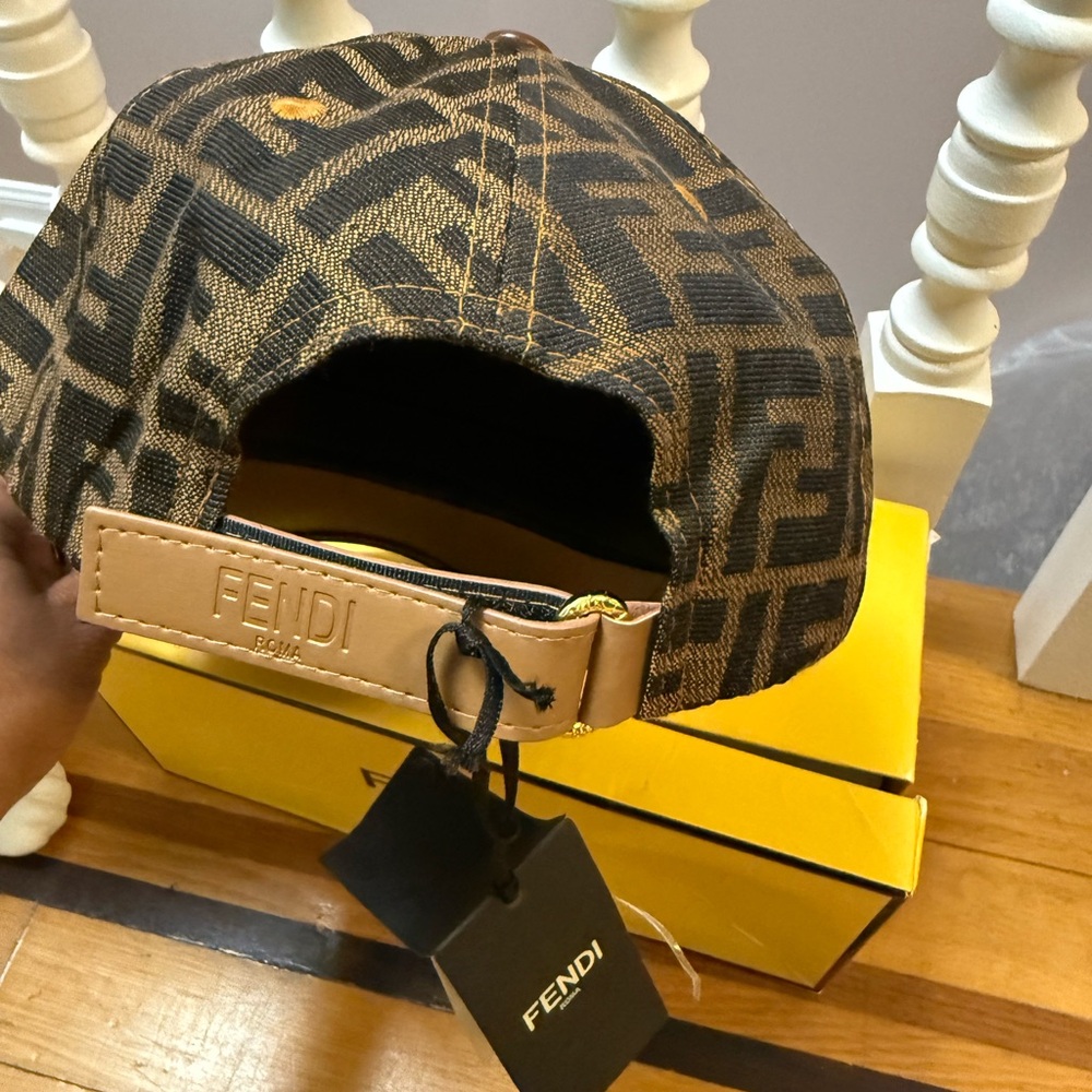 Fendi Tan Monogram Cap with Leather Embossed bill and Gold EYE Accent - Picture 6 of 9